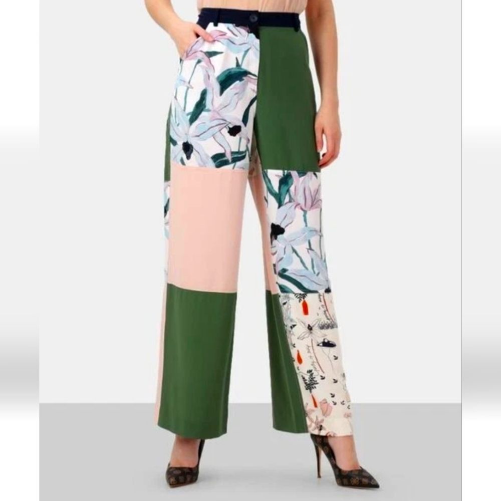 Tory Burch 100% Silk Floral Wide-Leg Cargo Patchwork Trousers Pants Size 6